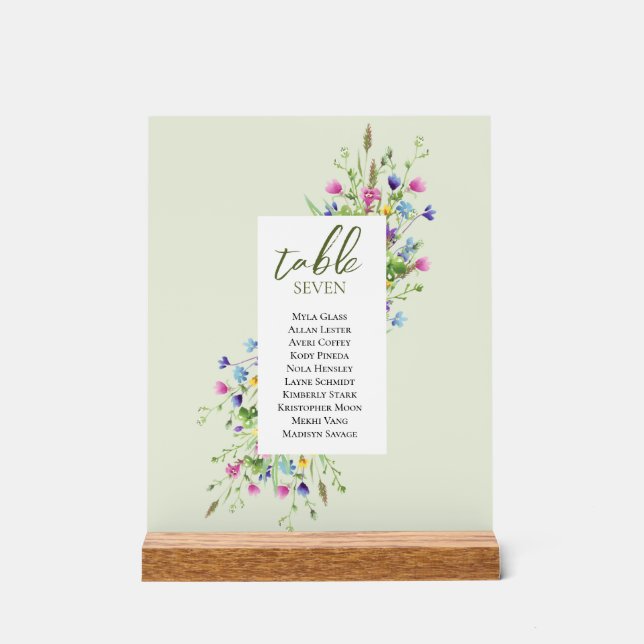 Boho chic Wildblumen Script Hochzeitssitze Acrylschild (Vorderseite)