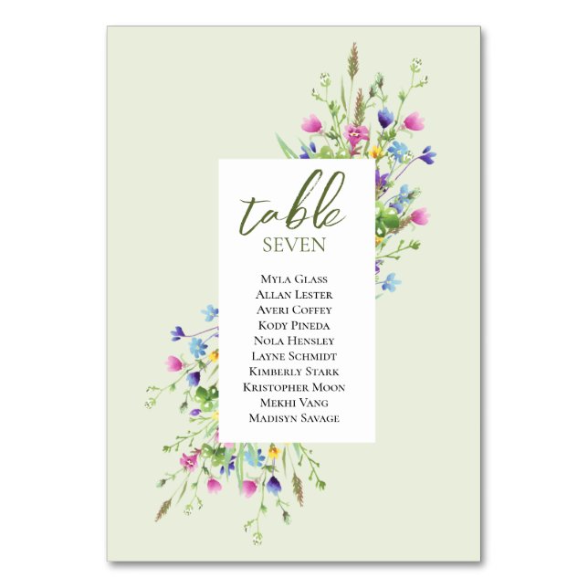 Boho chic Wildblumen Script Hochzeitssitze Tischnummer (Vorderseite)