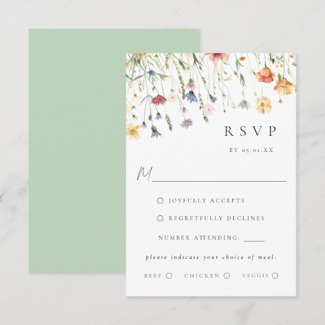 Boho Chic Wildflower Wedding Meal Choice RSVP Card (Devant / Derrière)