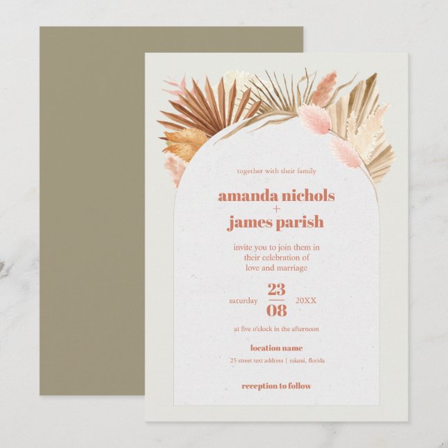 Boho Chic Wüste getrocknete Blätter und Pampas Hoc Save The Date (Vorne/Hinten)