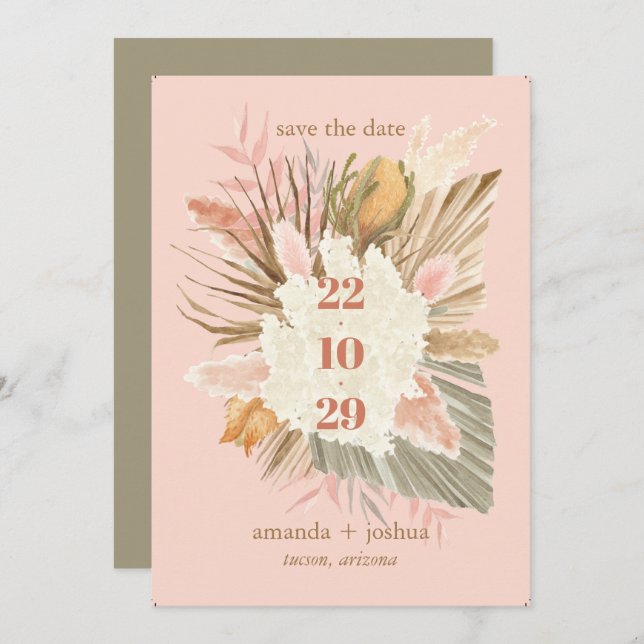 Boho Chic Wüste getrocknete Blätter und Pampas Hoc Save The Date (Vorne/Hinten)