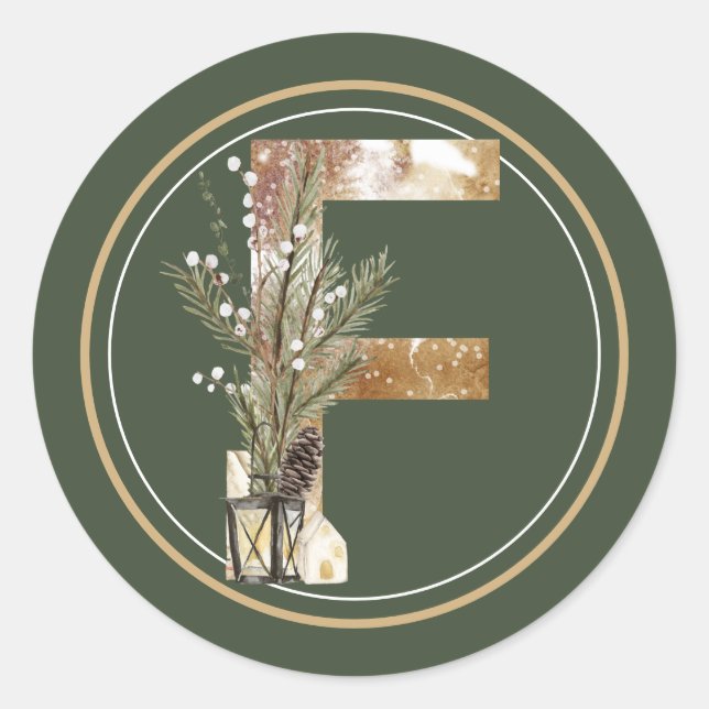 Boho Christmas Monogram F mit Lantern und Twigs Runder Aufkleber (Vorderseite)