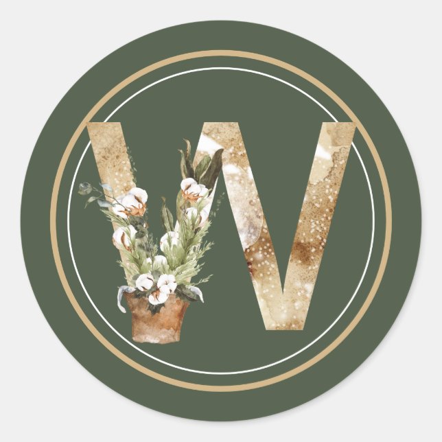 Boho Christmas Monogram W mit Cotton Arrangement Runder Aufkleber (Vorderseite)