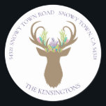 Boho Christmas Reindeer Lavender Aquamarine Anschr Runder Aufkleber<br><div class="desc">Boho Weihnachts Reindeer Lavender Aquamarine Adresse Aufkleber hinzufügen Sie eine besondere Touch zu Ihren Geschenken und Karten in diesem Jahr mit diesen köstlichen boho Aufklebern mit einem Buchhirsch mit pastellfarbenen aquamarinen, lavender, pink und schlaue Kiefer in seinen Geweih. Einfach mit Text, Schriftart und Farben anpassen. Erstellt von Zazzle pro Designer...</div>