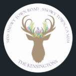 Boho Christmas Reindeer Lavender Aquamarine Anschr Runder Aufkleber<br><div class="desc">Boho Weihnachts Reindeer Lavender Aquamarine Adresse Aufkleber hinzufügen Sie eine besondere Touch zu Ihren Geschenken und Karten in diesem Jahr mit diesen köstlichen boho Aufklebern mit einem Buchhirsch mit pastellfarbenen aquamarinen, lavender, pink und schlaue Kiefer in seinen Geweih. Einfach mit Text, Schriftart und Farben anpassen. Erstellt von Zazzle pro Designer...</div>