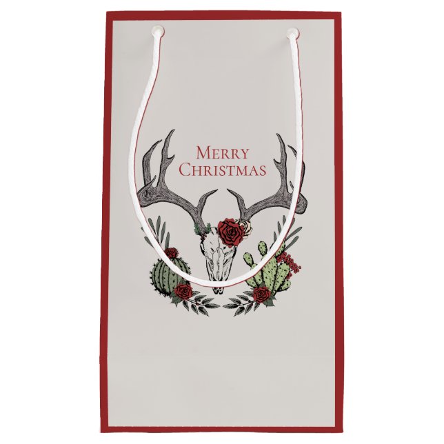 Boho Christmas Skull, Antlers, Rose und Kaktus Kleine Geschenktüte (Vorderseite)