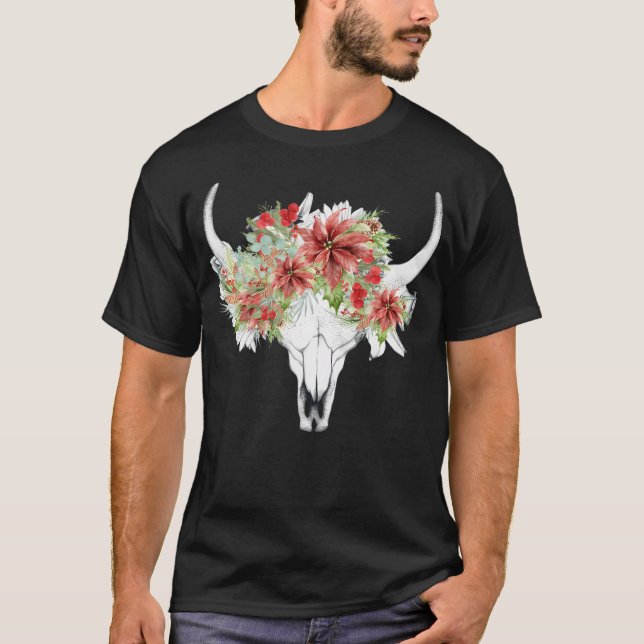 Boho Christmas Steer Longhorn Skull T-Shirt (Vorderseite)