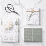 Boho Christmas Trees Falala Green Holiday Geschenkpapier Set<br><div class="desc">Dieses niedliche Boho-Urlaubspapier bietet ein Set von 3 verschiedenen Designs von Verpackungspapieren. 1. Weiße Kulisse mit Weihnachtsbäumen im Schatten von Bräune und Grün. 2. Ein weißer Hintergrund mit falala in Schrift. 3. Ein schlauer grüner Hintergrund mit Schneemuster. Ändern Sie die Hintergrundfarbe und personalisieren Sie sie für Ihre Bedürfnisse. In meinem...</div>
