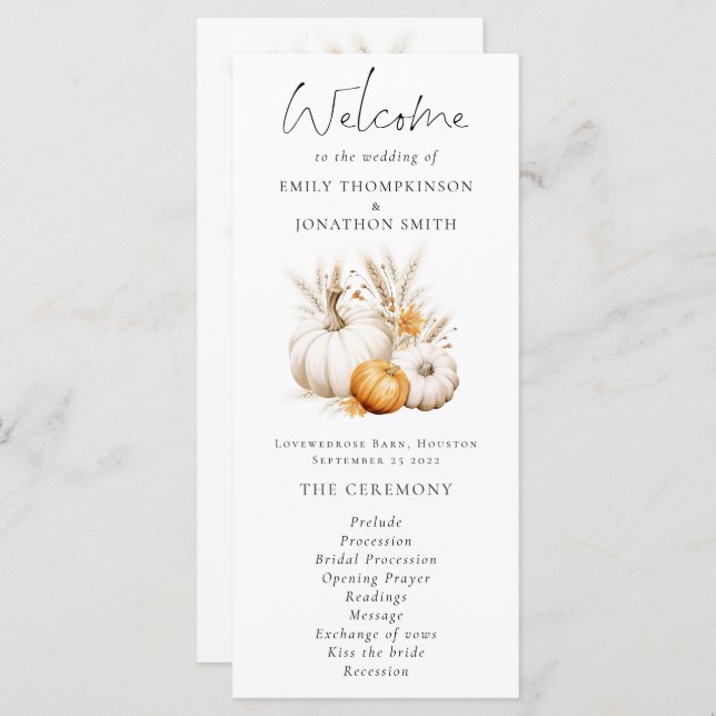 Boho Citrouille Pampas Wedding Programme (Devant / Derrière)