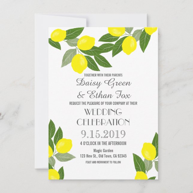 Boho Citrus Lemon Einladungen für Hochzeiten (Vorderseite)