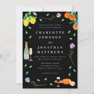 Boho Citrus & Wein Schwarz-Weiß-Hochzeit Einladung