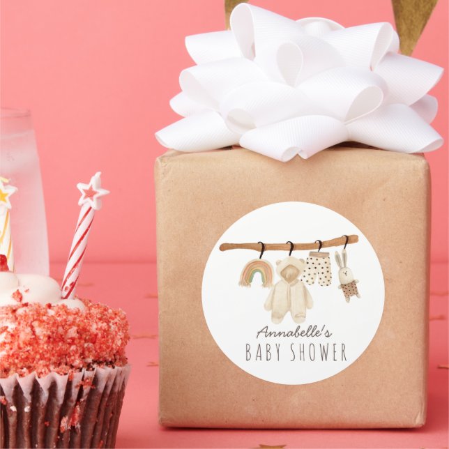 Boho Clothesline Gender Neutral Baby Shower Runder Aufkleber (Party)