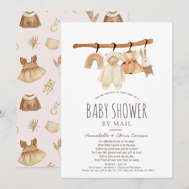 Boho Clothesline Girl Baby Dusche von Mail Einladung (Vorne/Hinten)