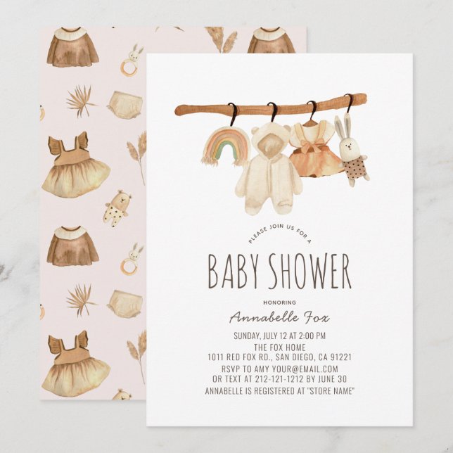 Boho Clothesline Girl Baby Shower Einladung (Vorne/Hinten)