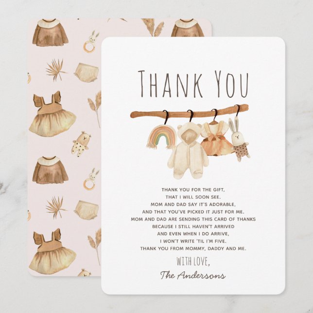 Boho Clothesline Girl Babydusche Danke Karte (Vorne/Hinten)