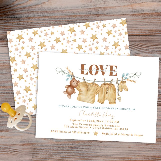 Boho Clothesline Watercolor Babydusche Einladung (Love on the line a boho clothesline baby shower invite)