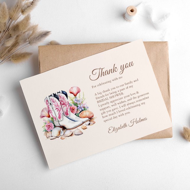 Boho Coastal Cowgirl Boots Brautparty Dankeskarte (Boho Coastal Cowgirl Boots Bridal Shower Thank You Card on a boho table.)