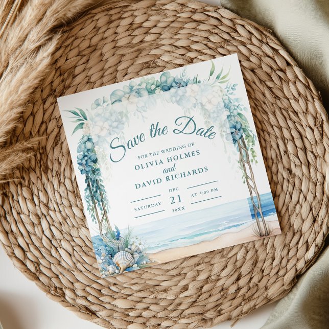 Boho Coastal Floral Arch Hochzeit speichern Datum Save The Date (Boho Coastal Floral Arch Wedding Save the Date on a boho wedding table.)