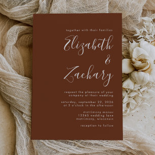 Boho Coffee Brown Minimalistische Script Wedding Einladung
