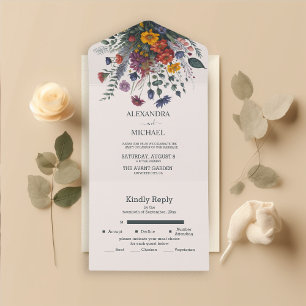 Boho Colorful Watercolor Wildblume Wedding All In One Einladung