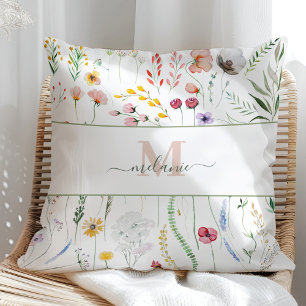 Boho Colorful Wildblumen Script Name Monogram Kissen