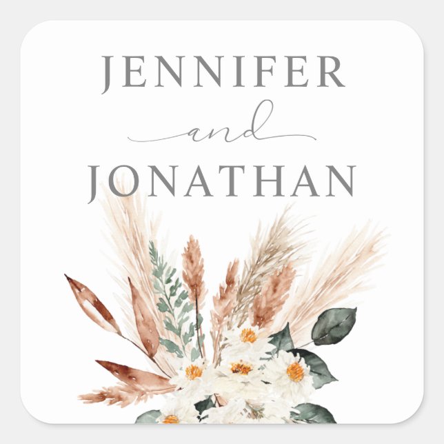 Boho Copper Blätter Pampas Grass & Beige Floral Quadratischer Aufkleber (Vorderseite)