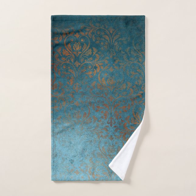 Boho Copper Blue Damask Grunge Handtuch (Handtuch)