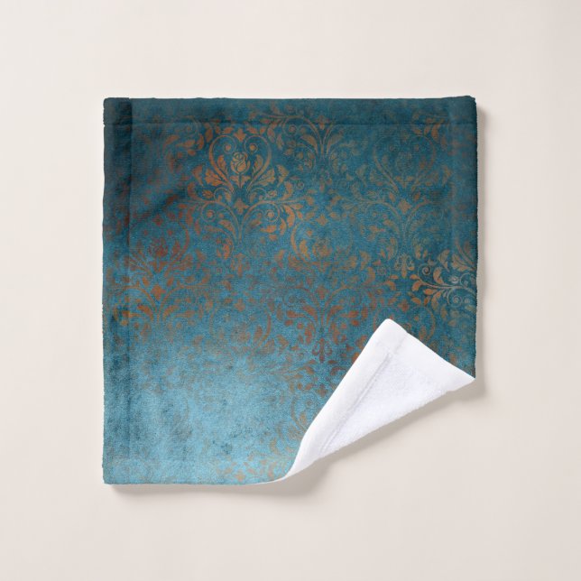 Boho Copper Blue Damask Grunge Waschlappen (Waschlappen)