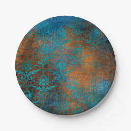 Boho Copper Blue Floral Damask Grunge Pappteller