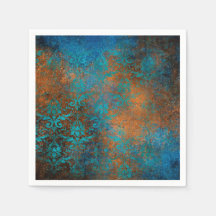 Boho Copper Blue Floral Damask Grunge