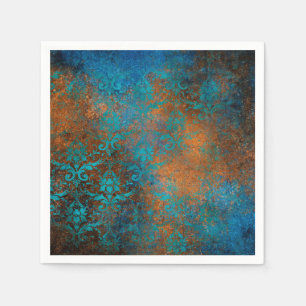 Boho Copper Blue Floral Damask Grunge Serviette
