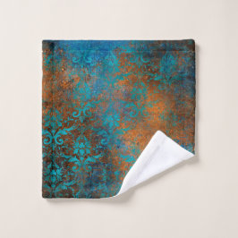 Boho Copper Blue Floral Damask Grunge Waschlappen