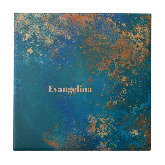Boho Copper Blue Grunge Fliese (Vorderseite)