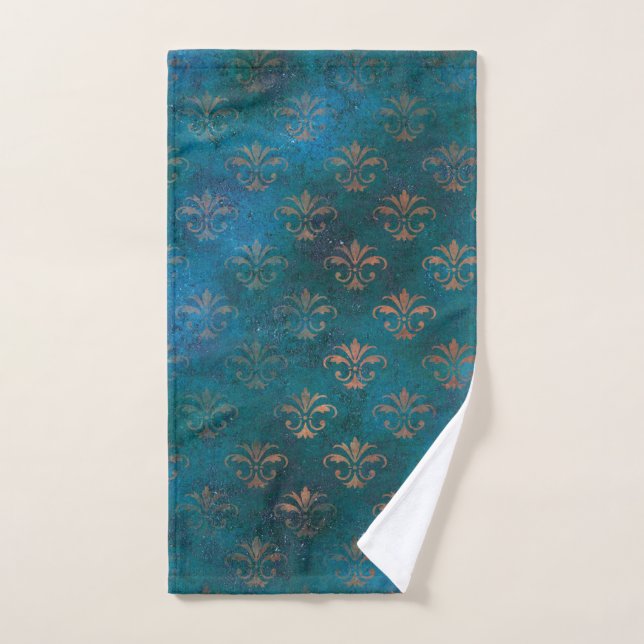 Boho Copper Blue Grunge Heraldic Floral Handtuch (Handtuch)