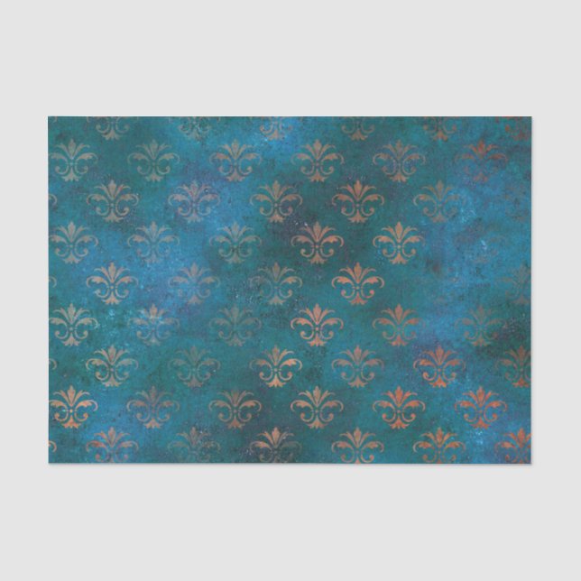 Boho Copper Blue Grunge Heraldic Floral Seidenpapier (Vorderseite)
