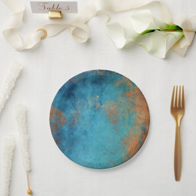 Boho Copper Blue Rustic Pappteller (Hochzeit)