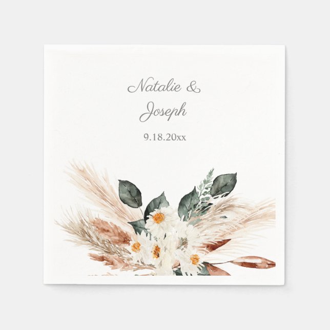 Boho Copper Pampas & Beige Floral - Weiße Neapel Serviette (Vorderseite)