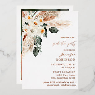 Boho Copper Pampas Floral & Foto Graduation Party Folieneinladung