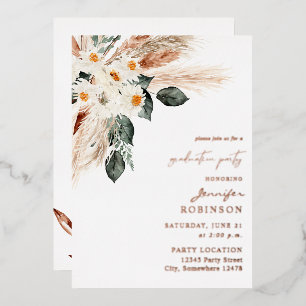 Boho Copper Pampas Floral Graduation Party Folieneinladung