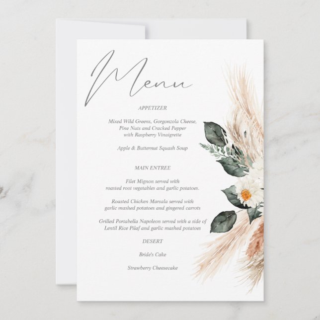 Boho Copper Pampas Grass & Beige Blumenmenü Einladung (Vorderseite)