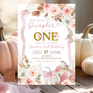 Boho Coquette Pink Pumpkin 1. Geburtstag Einladung