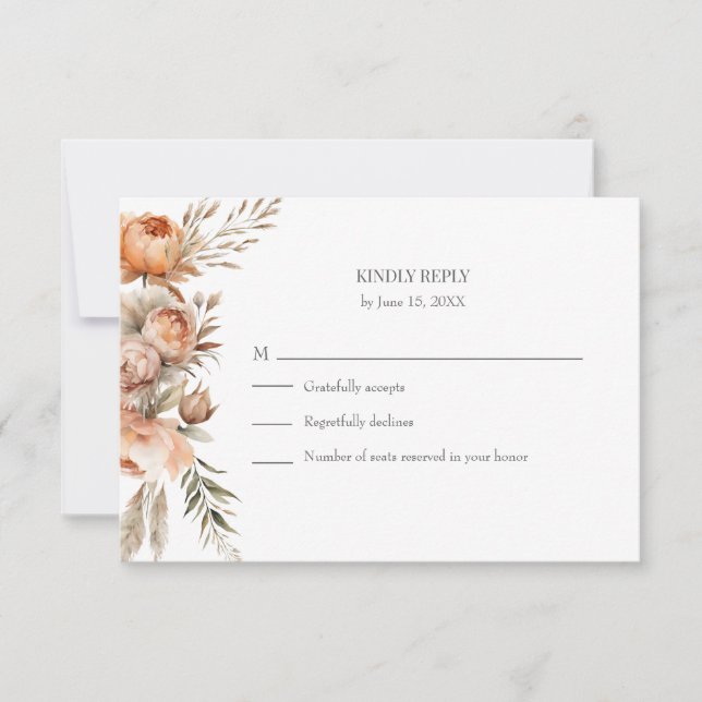 Boho Coral and Peach Dry Flower Wedding RSVP Card (Devant)