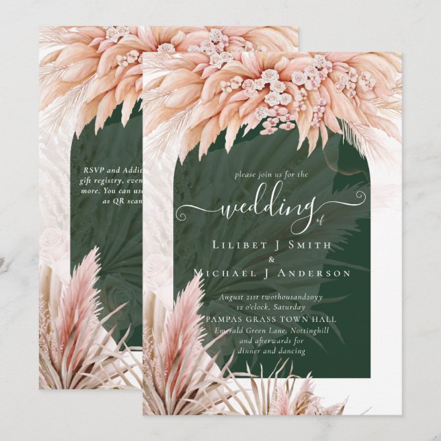 Boho Coral Pampas Grass Green Wedding Einladung (Vorne/Hinten)