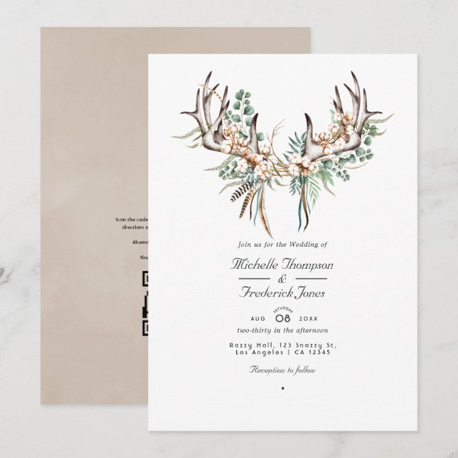 Boho Cotton und Eucalyptus Boho Wedding Foto Invi Einladung (Vorne/Hinten)