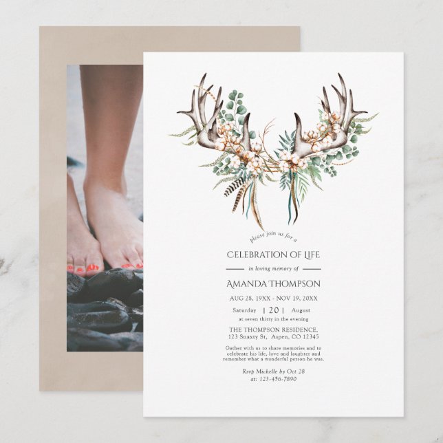 Boho Cotton und Eukalyptus Celebration of Life Einladung (Vorne/Hinten)