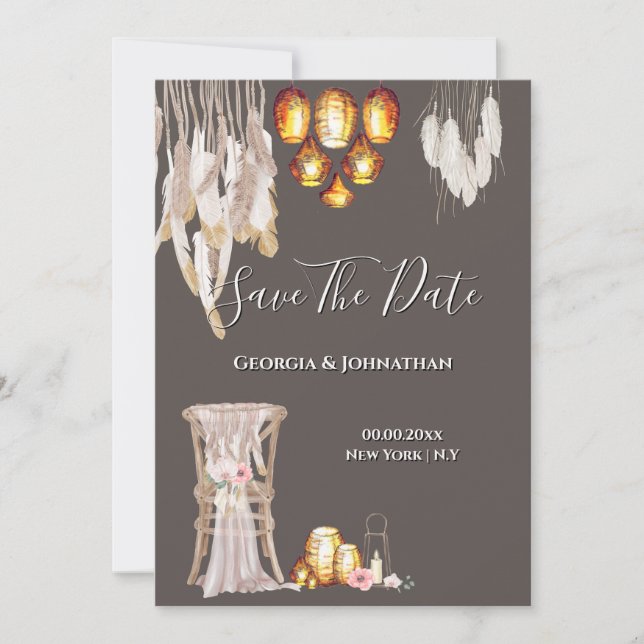 Boho Country Makrame Laternenleuchten federn chtig Save The Date (Vorderseite)