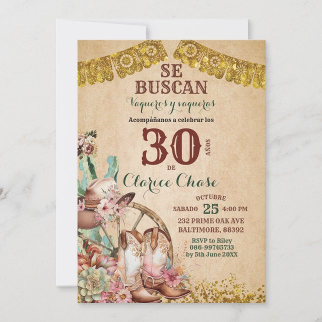 Boho Country Western Floral Cowboy Birthday Einladung (Vorderseite)