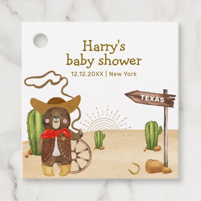 Boho Cowboy Bear Western Rodeo Cactus Baby Shower Geschenkanhänger (Vorderseite)