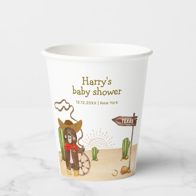 Boho Cowboy Bear Western Rodeo Cactus Baby Shower Pappbecher (Vorderseite)