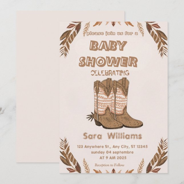 Boho Cowboy Boots baby shower invitation (Devant / Derrière)